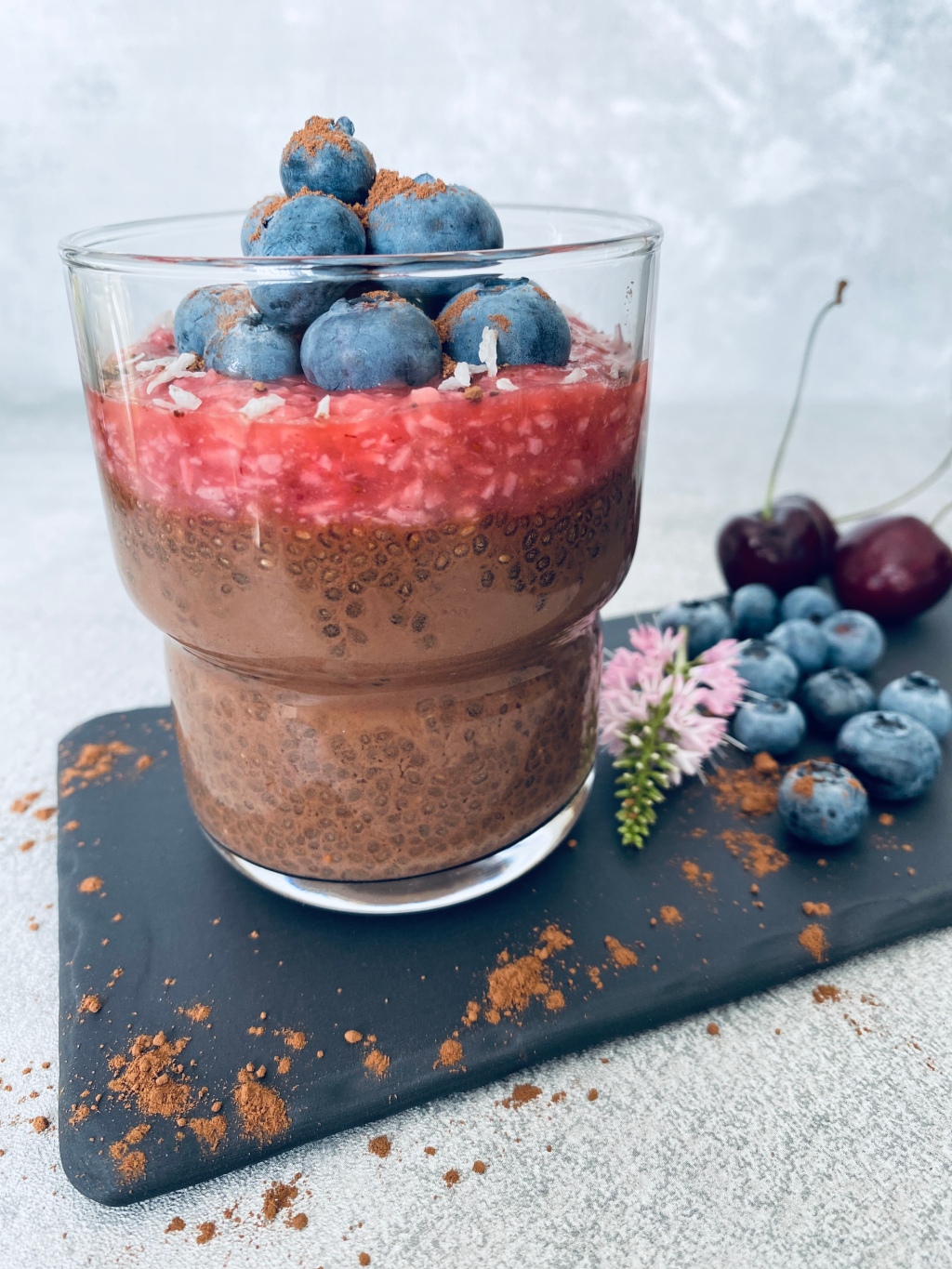 Chocolate Chia Pudding With Strawberry Coconut Layer